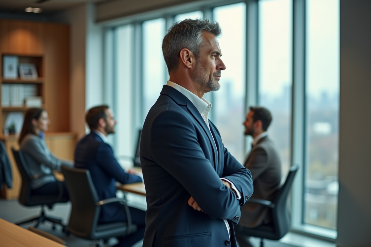 Homme observant des collègues en discussion dans un bureau