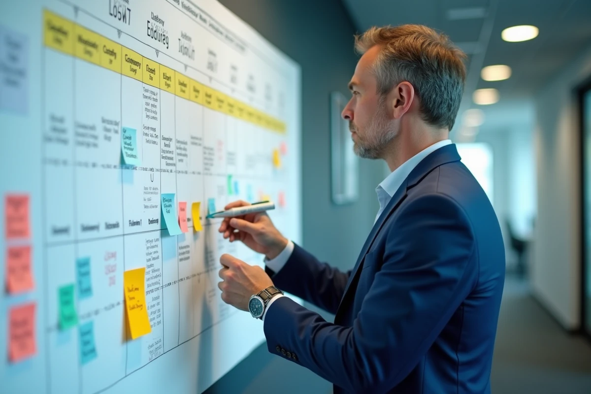Homme en costume marquant des dates sur un tableau de gestion