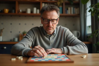 Homme d'âge moyen jouant au Scrabble dans une cuisine chaleureuse
