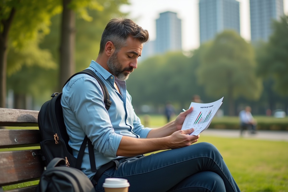 Homme méditatif étudiant ses graphiques d’épargne en parc urbain