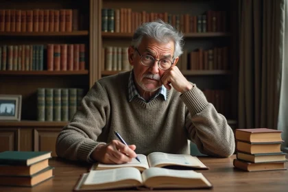 Homme réfléchi feuilletant un livre fantasy dans un bureau chaleureux