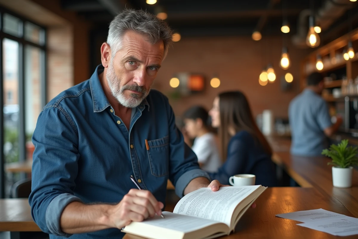 Homme consultant un livre de grammaire française dans un café moderne, illustrant la recherche des règles d'usage grammatical
