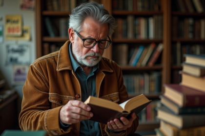 Homme d'âge moyen examinant un livre ancien dans une boutique vintage
