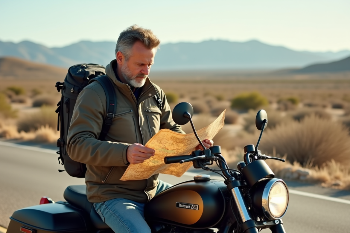 Homme vérifiant une carte à côté d'une moto en plein désert