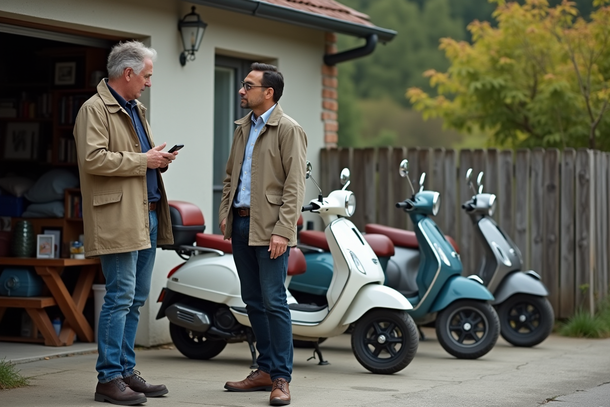 Homme négociant avec un vendeur de scooters d