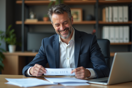 Homme d'affaires souriant organise ses reçus dans un bureau