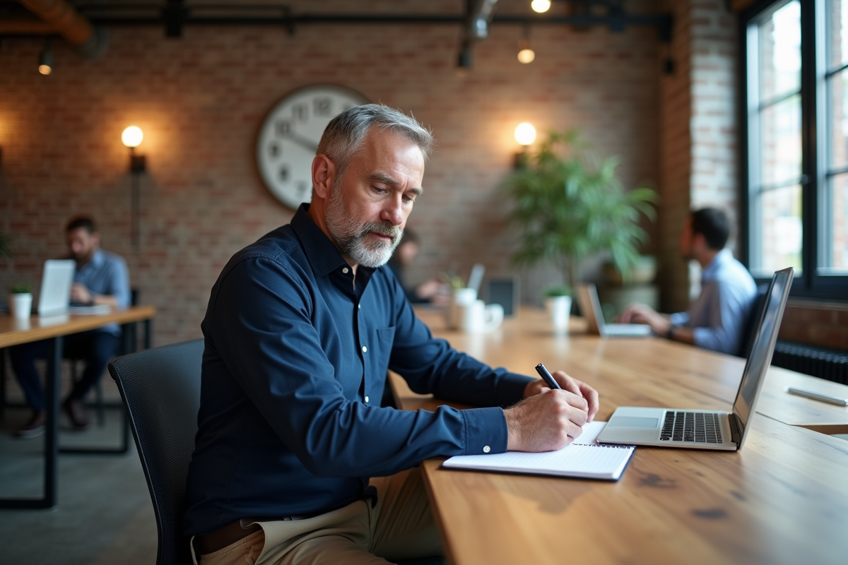 Homme écrivant sa liste de priorités en coworking