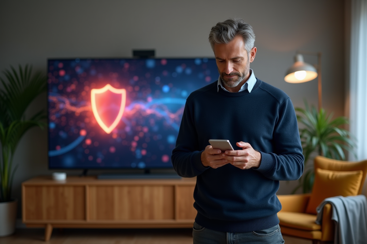 Homme regardant son smartphone avec ecran de protection digitale