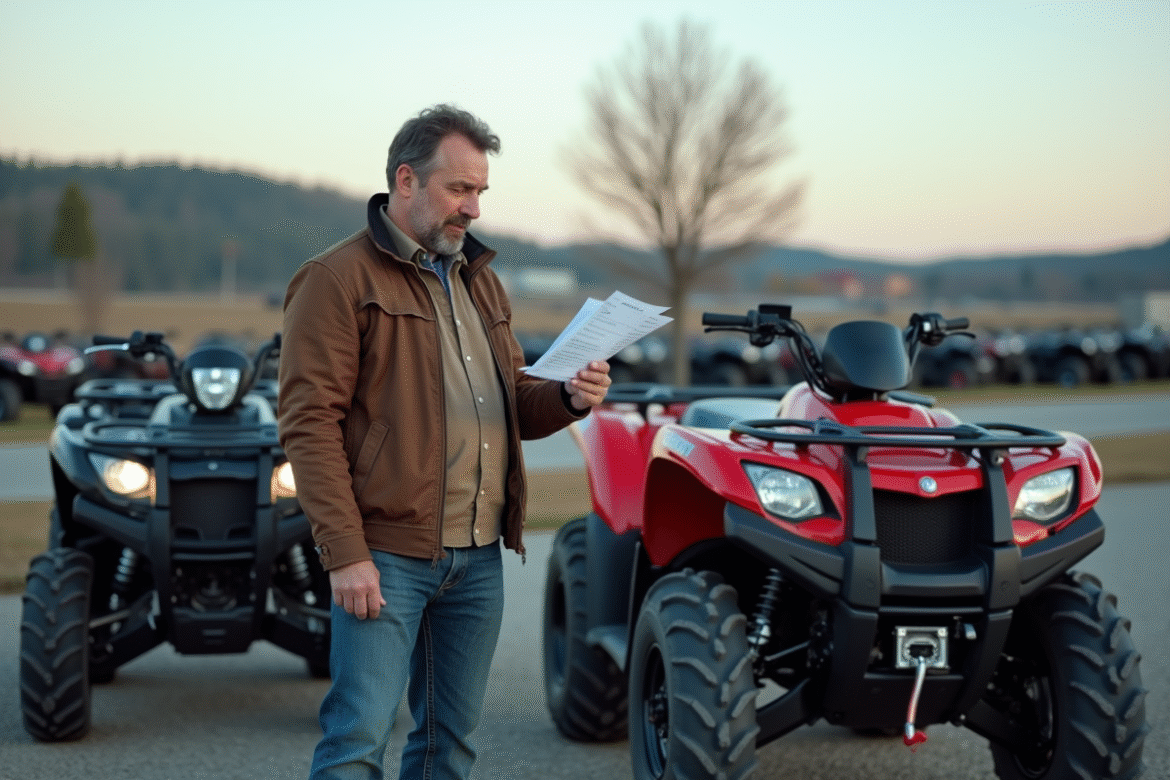 Homme d'âge moyen examinant des quads en concession