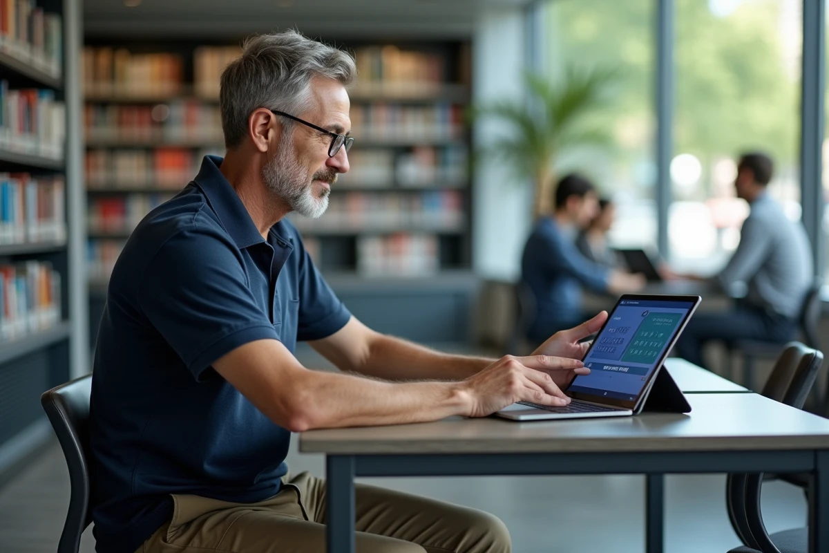 Homme en quiz avec tablette dans une bibliothèque moderne