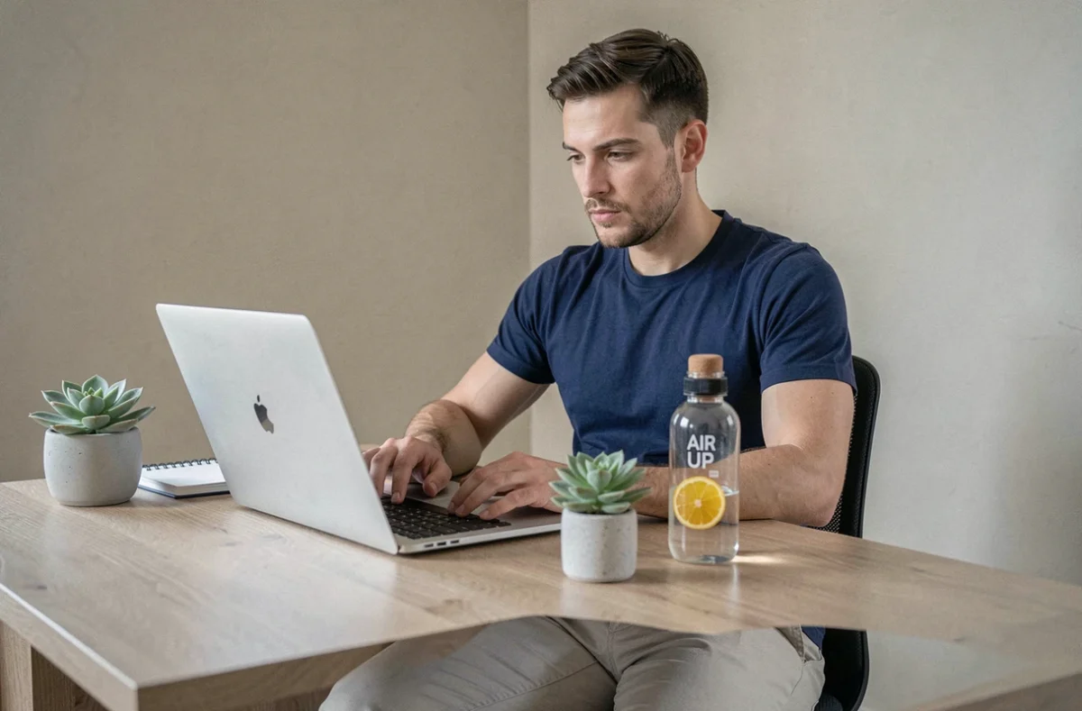 Homme cherchant un code promo Air Up sur son ordinateur portable dans un bureau à domicile