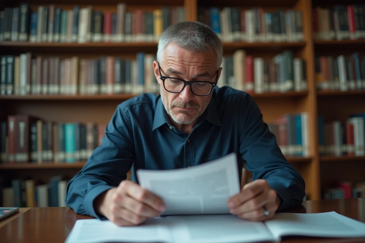 Homme pensif dans une bibliothèque lisant un article académique sur la fascination pour l'humour noir sur internet