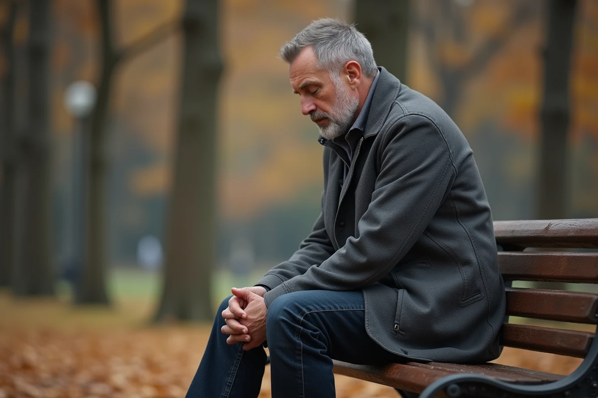 Homme assis seul sur un banc en automne, moment de réflexion intérieure symbolisant un signal émotionnel à ne pas ignorer