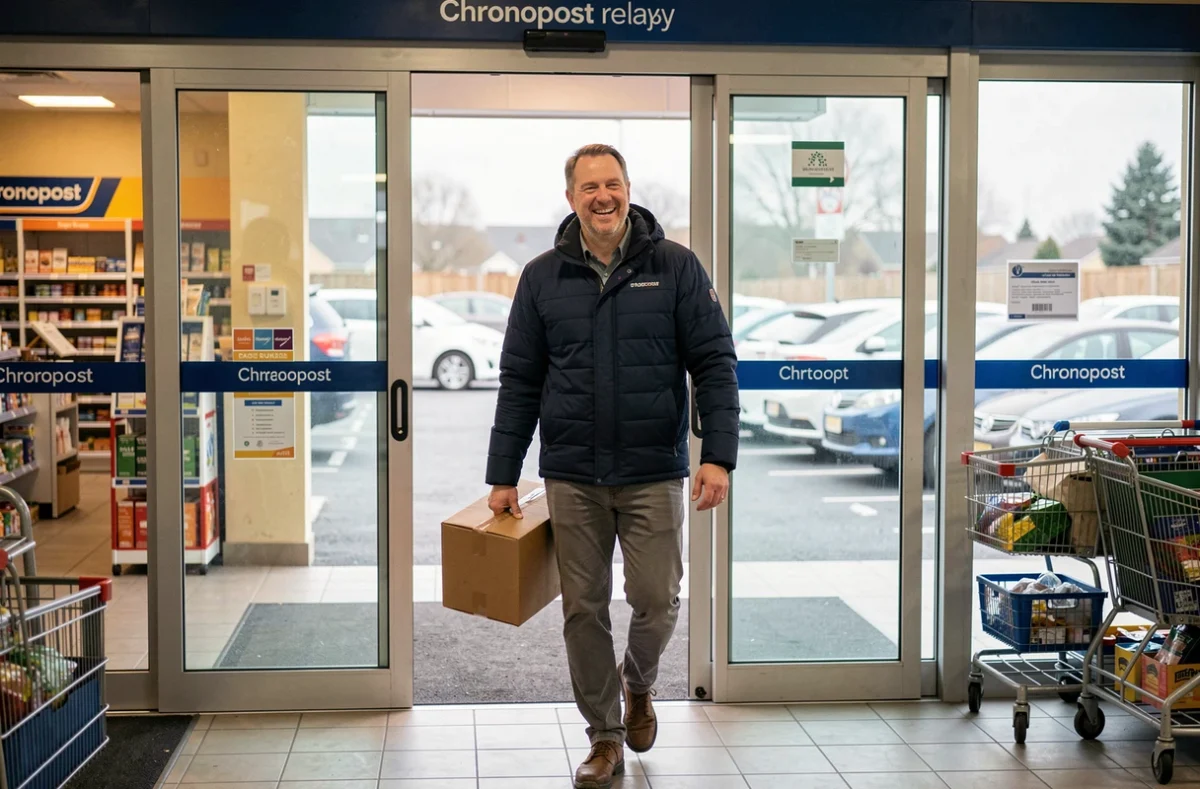 Homme sortant d'un point relais Chronopost en supermarché avec son colis sous le bras