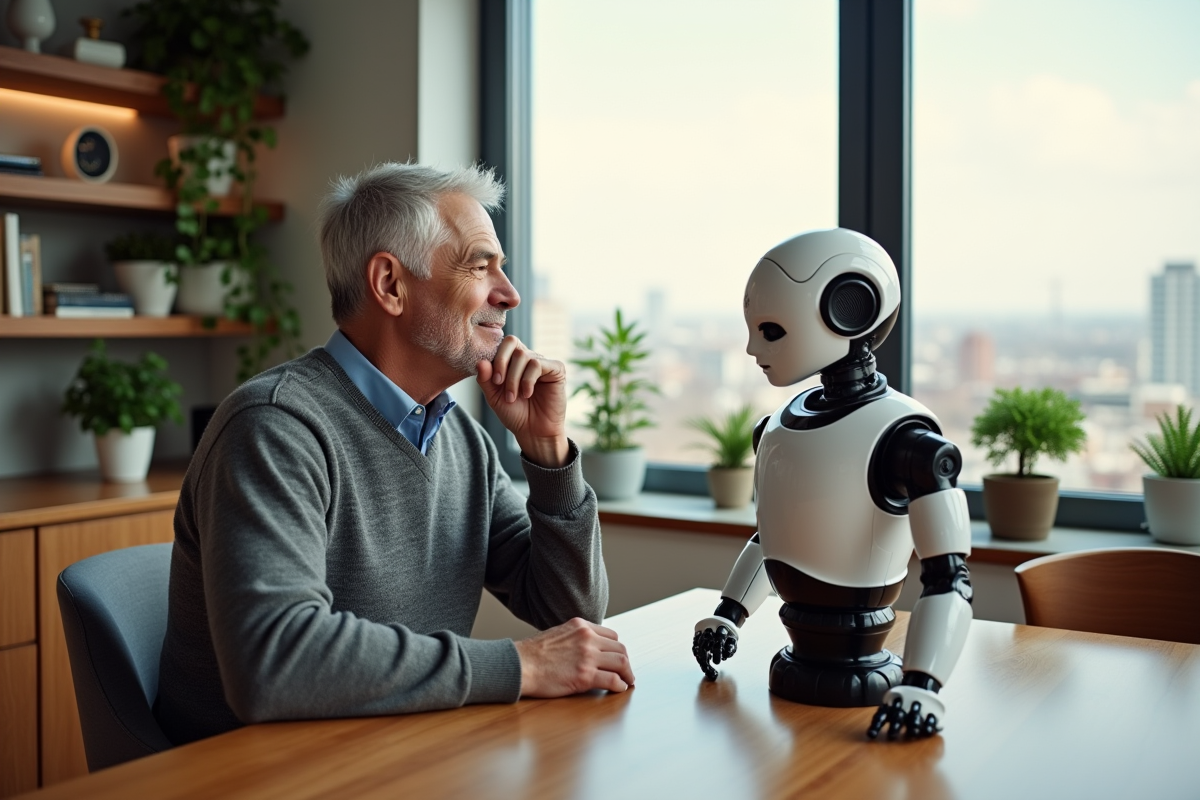 Homme âgé avec robot domestique dans un intérieur moderne