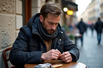 Homme en extérieur roulant une cigarette à Paris