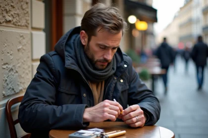 Homme en extérieur roulant une cigarette à Paris
