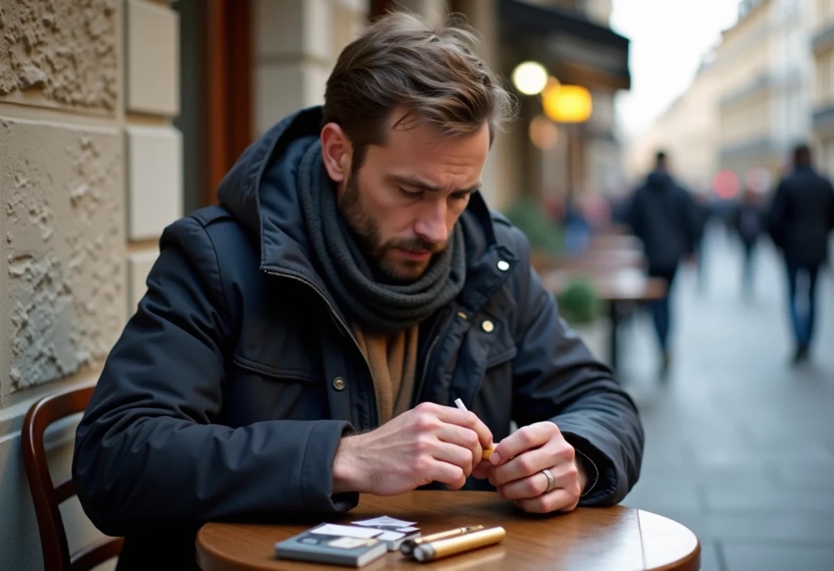 Homme en extérieur roulant une cigarette à Paris