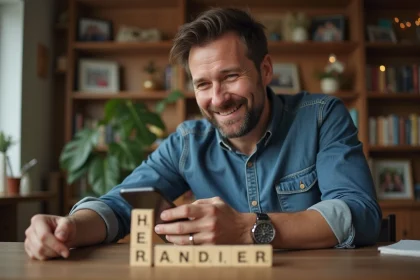 Homme d'âge moyen jouant au Scrabble dans une salle à manger chaleureuse