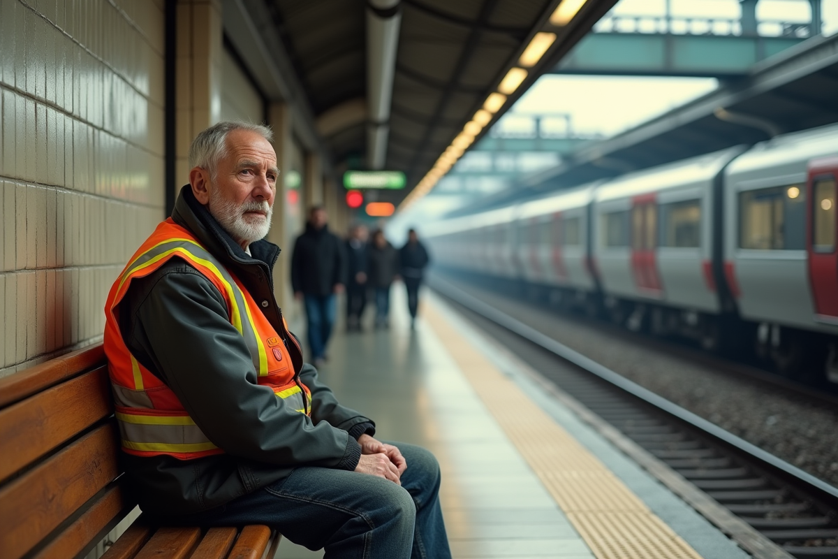 Homme âgé assis sur un banc dans une station de métro