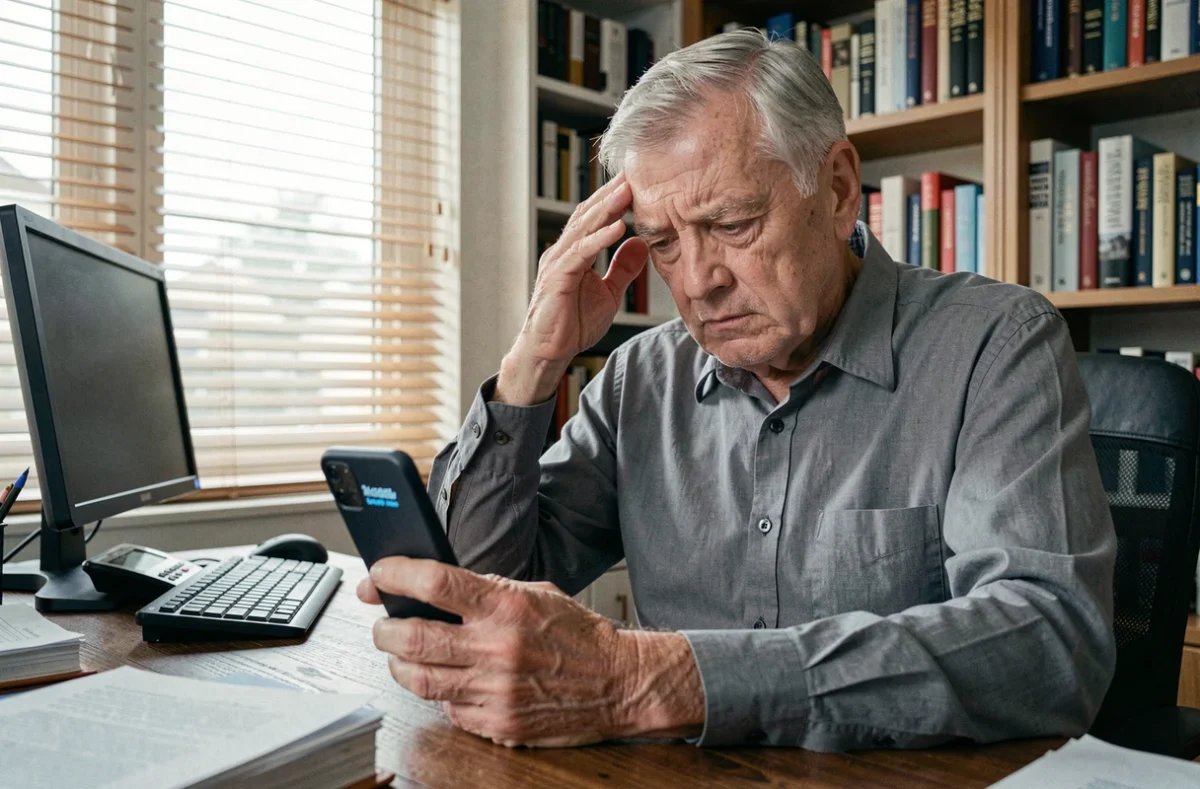 Homme âgé stressé face à un appel téléphonique de démarchage commercial non sollicité