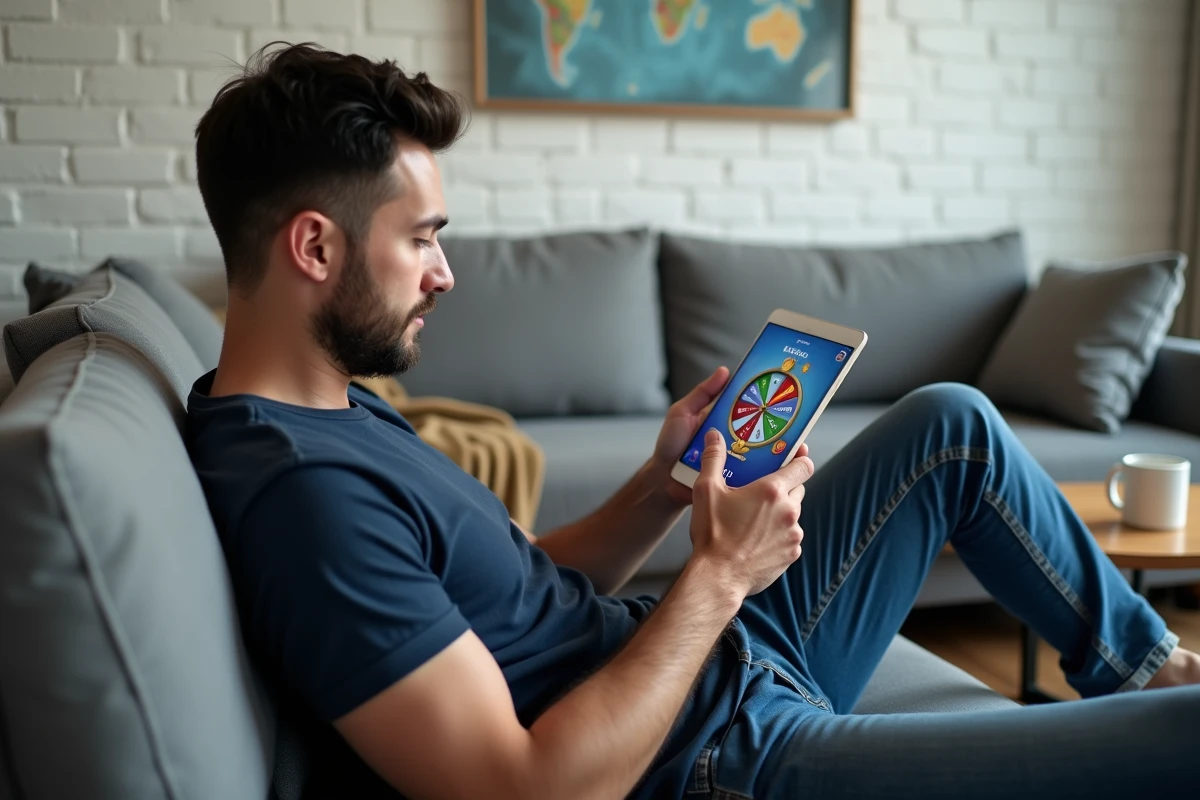 Homme détendu sur un canapé utilisant une tablette pour accéder aux spins quotidiens gratuits de Coin Master