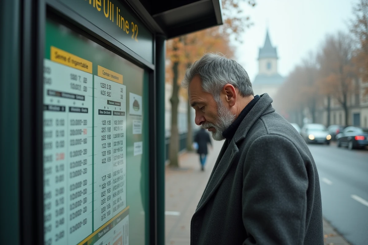 Passager lisant les horaires de jour et de nuit du bus 92 à un arrêt parisien