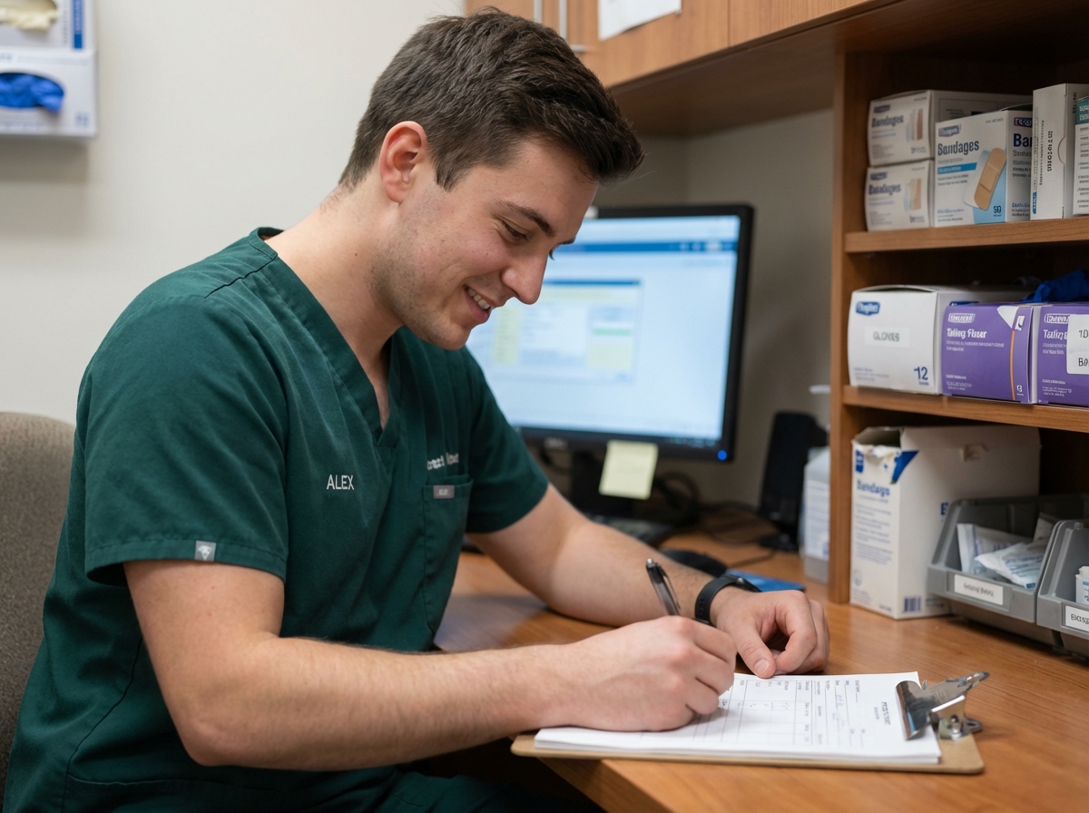 Jeune infirmier en blouse verte au bureau de consultation