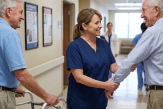 Infirmière en blouse bleue aidant un patient âgé