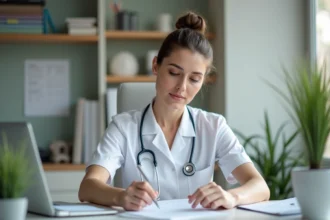 Infirmière femme en uniforme blanc dans un bureau professionnel