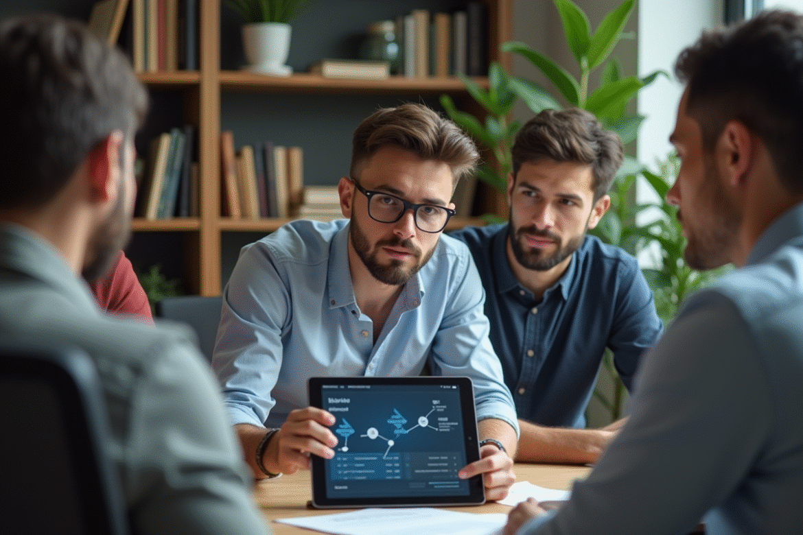 Jeune ingénieur expliquant un diagramme blockchain en coworking