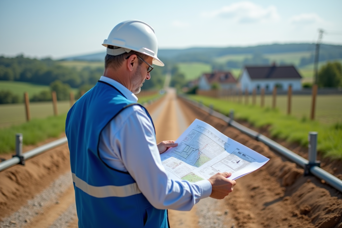 Ingénieur civil en vestiaire haute visibilité étudie plans
