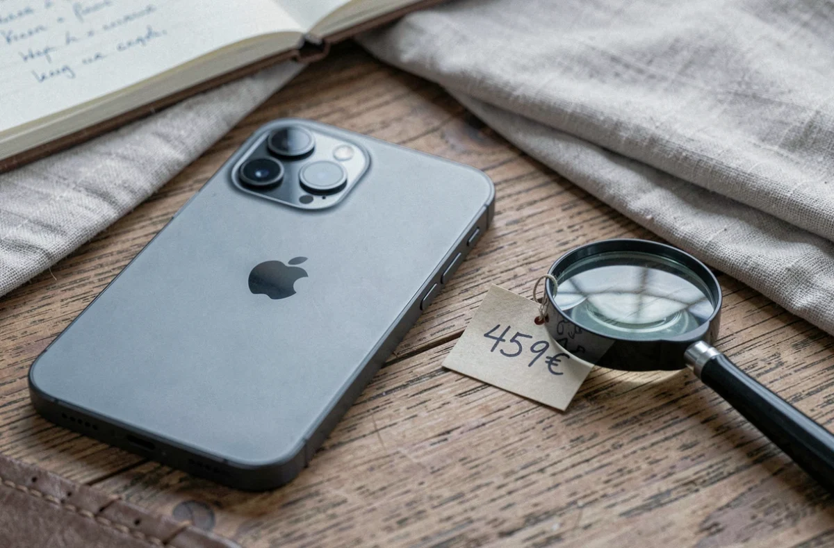 iPhone 15 reconditionné posé sur une table en bois avec une étiquette de prix manuscrite et une loupe symbolisant l'évaluation du bon prix