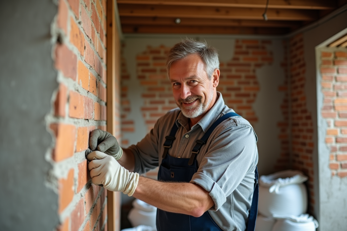 Hommes appliquant isolant sur mur en briques intérieur