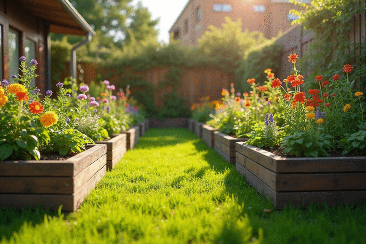 Jardin urbain en plein soleil avec fleurs et herbes