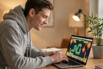 Homme jouant au jeu Google Année du Serpent hors ligne sur un ordinateur portable dans un bureau à domicile