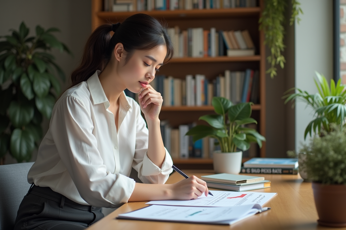 Jeune économiste femme prenant des notes avec un graphique de taux d