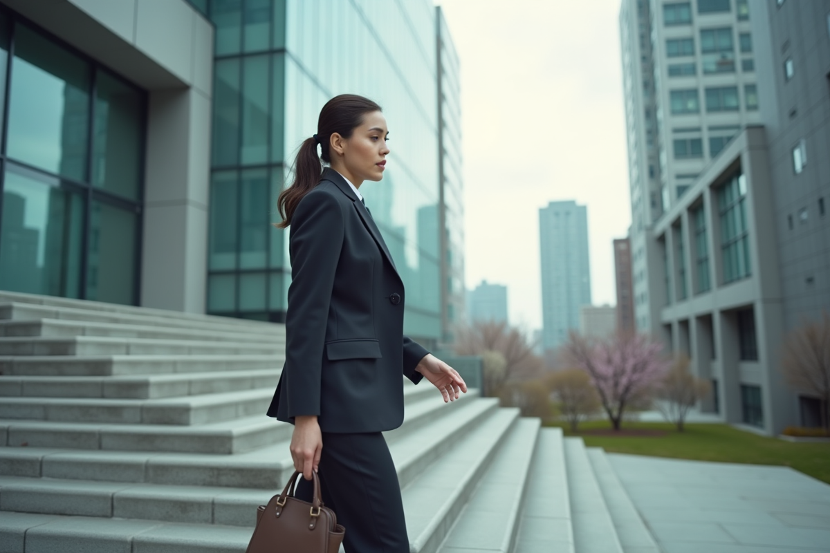 Jeune femme d'affaires montant les marches d'un bâtiment moderne