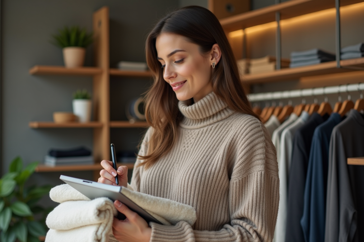 Jeune femme examine un pull dans une boutique moderne