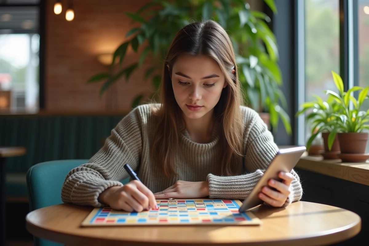 Jeune femme étudiant le Scrabble dans un café moderne
