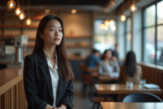 Jeune femme en tenue business dans un café moderne en ville