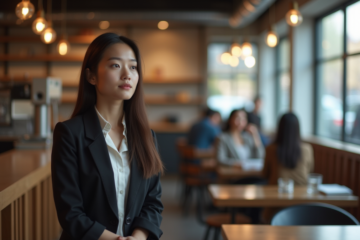 Jeune femme en tenue business dans un café moderne en ville