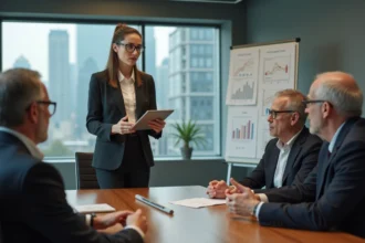 Jeune femme entrepreneure présentant une startup à un groupe