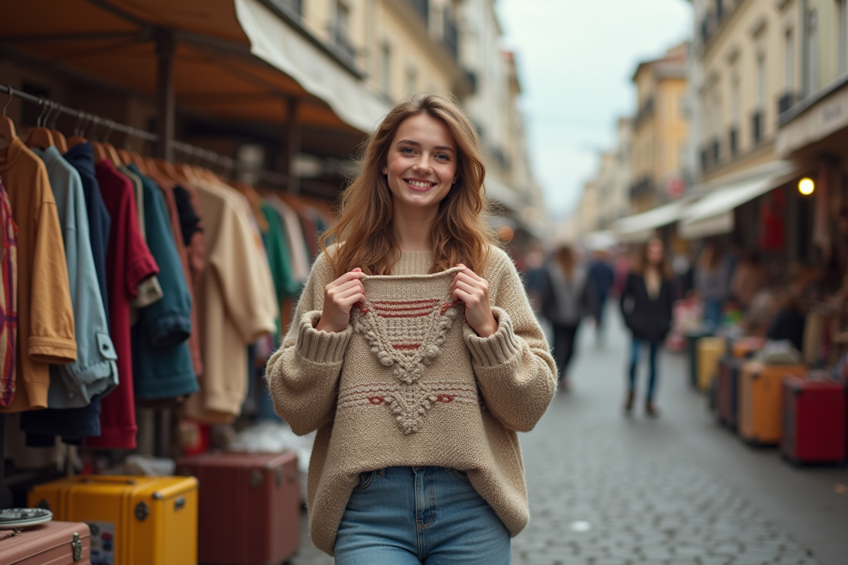 Jeune femme souriante tenant une robe rétro dans un marché en plein air