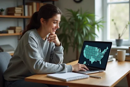 Jeune femme souriante avec ordinateur et carte des USA