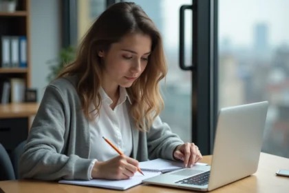 Jeune femme en bureau prenant des notes dans un planner