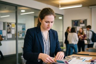 Jeune femme en classe organise des lanyards lors d'un atelier