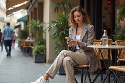 Jeune femme stylée à Paris vérifiant son smartphone