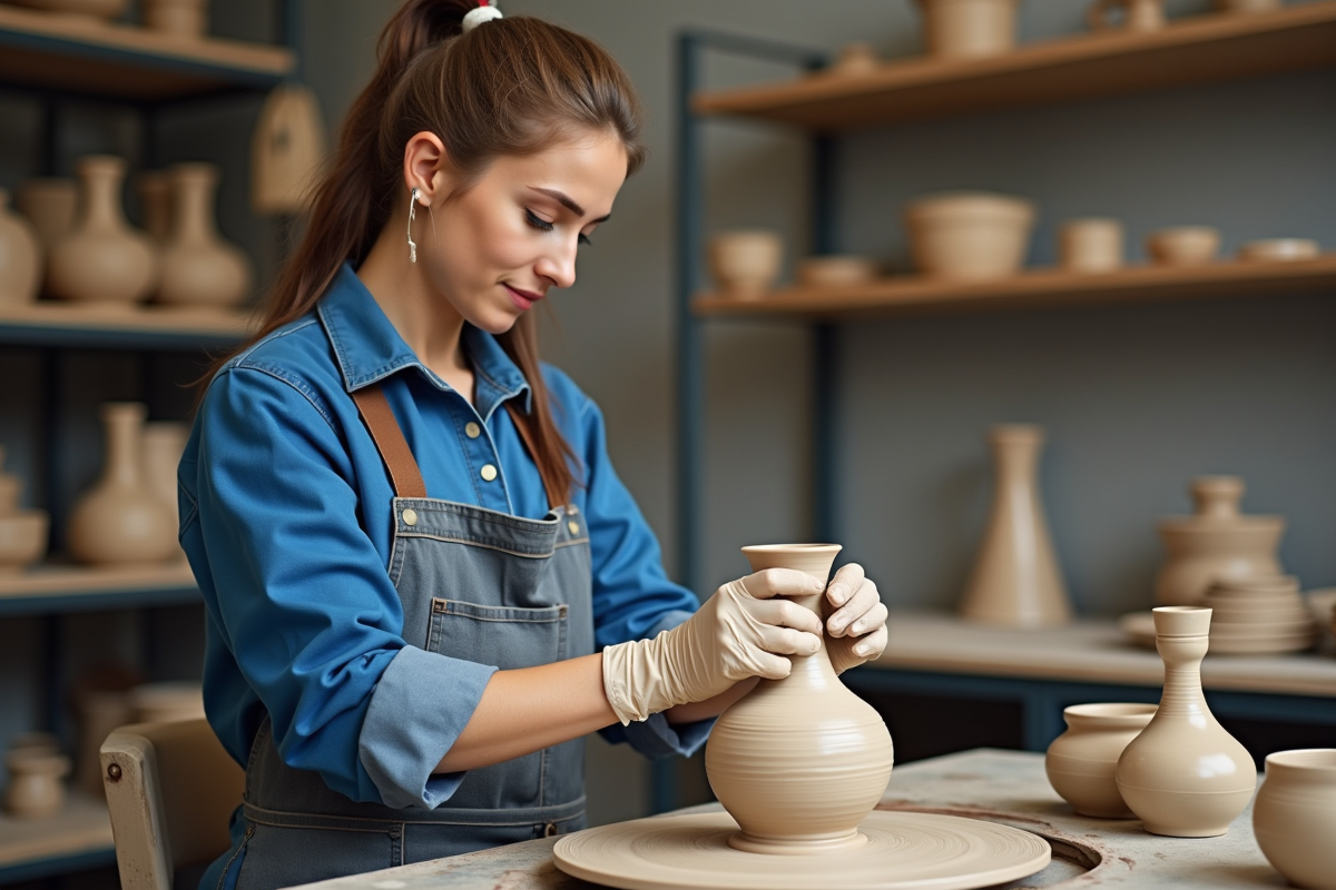Jeune femme façonnant un vase en céramique dans l