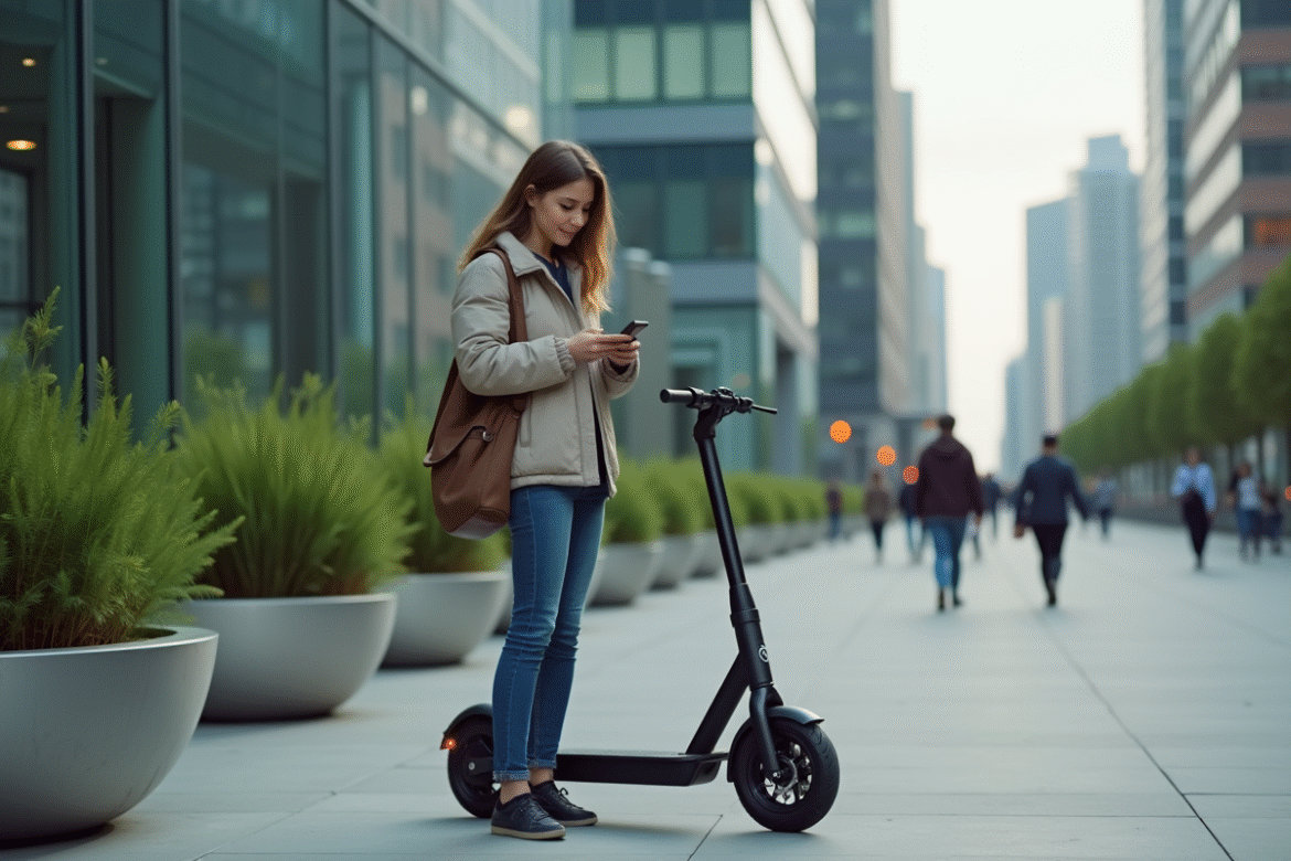 Jeune femme avec scooter électrique en ville